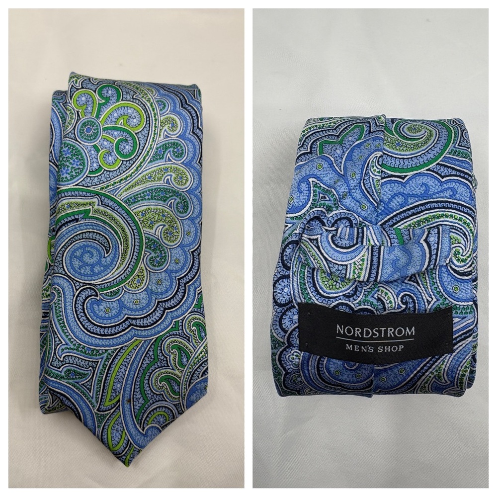 Nordstrom Mens Shop Paisley 100% Silk Neck Tie Mens Classic Designer Blue